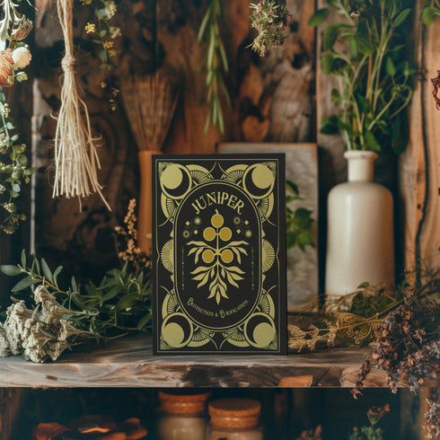 Juniper-themed greeting card featuring a gold design on a black background with celestial and botanical motifs. The text reads: 'Protection & Purification.' The inside message explains the magical and spiritual significance of juniper, including rituals for New Year's Eve and the first full moon, focusing on protection and purification practices.